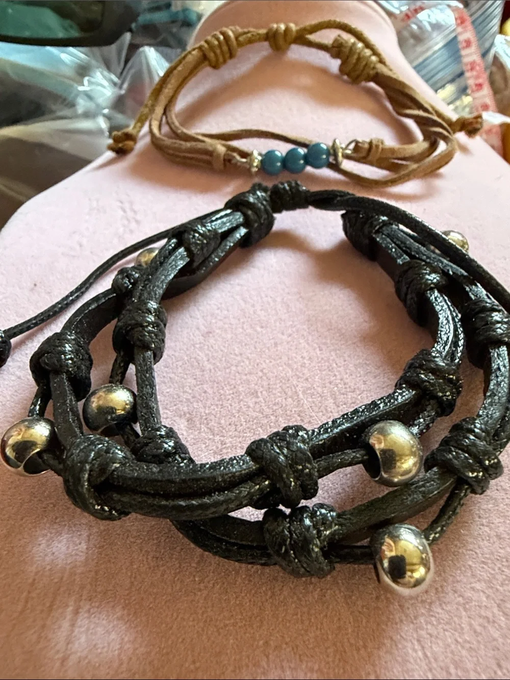 Boho Multi-Strand Leather Bead Bracelets X2 Set, (J0295)